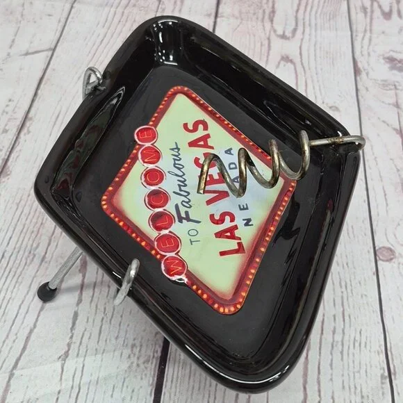 Vintage Las Vegas Ashtray Black Diamond Footed Stand Welcome to Fabulous Ceramic - Picture 3 of 9